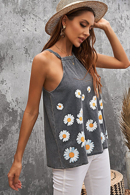 Gray Daisy Floral Print Halter Denim Tank Tops for Women