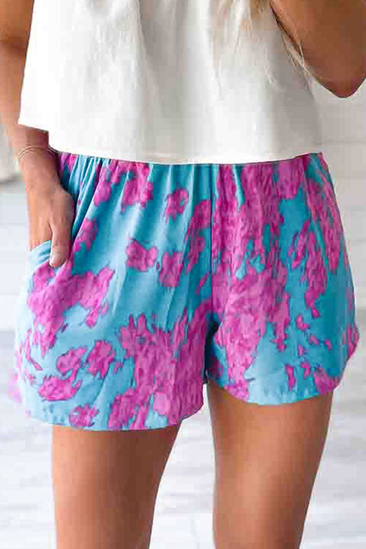 Sky Blue Abstract Print Elastic Waist Pocket Wide Leg Shorts