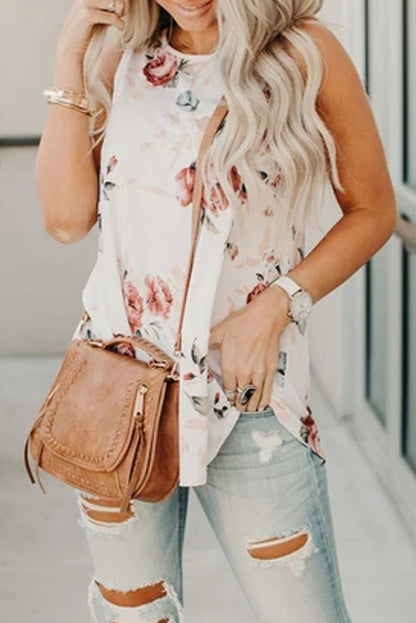 Floral Print Round Neck Casual Grey Tank Top