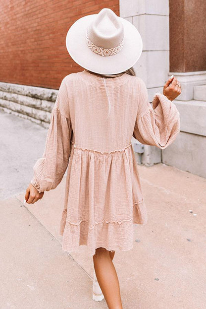 Oatmeal Crinkle Lantern Sleeve Frill Tiered Flare Dress