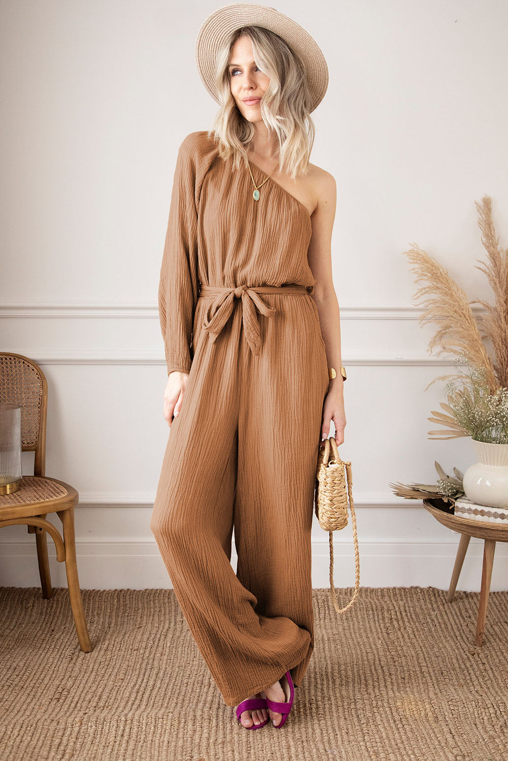 Khaki Crinkled Texture One Shoulder Loose Jumpsuit