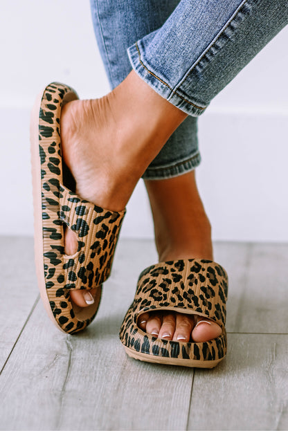 Black Leopard Print Open Toe Thick Flat Slippers