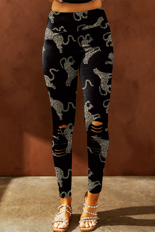 Black Cheetah Print High Rise Ripped Leggings