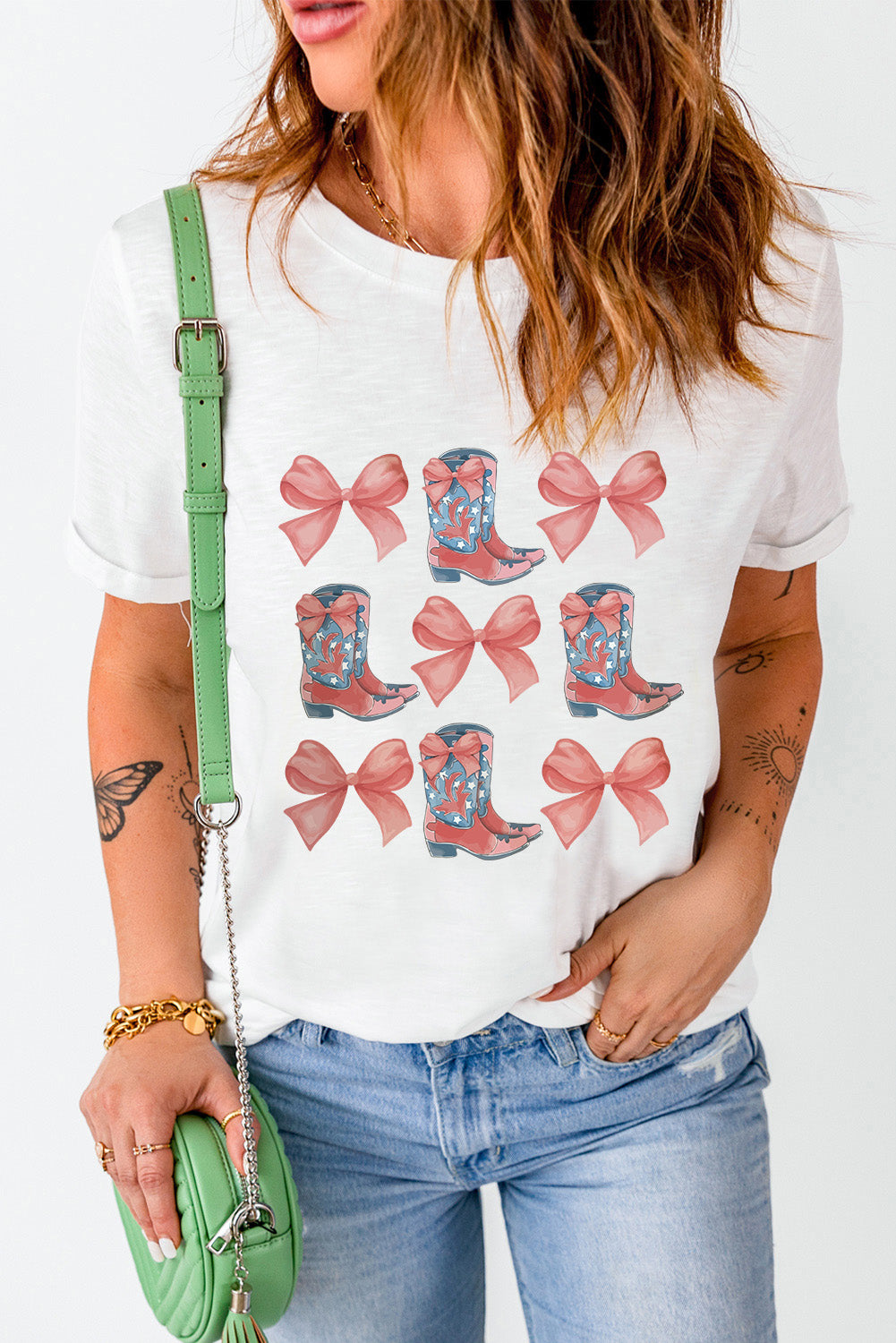 White Bowknot & Boots Graphic Round Neck Tee