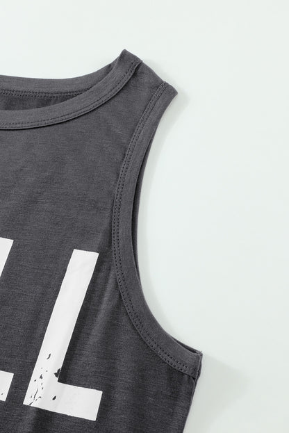 Dark Gray Letter Print Sleeveless Crew Neck Tank Top