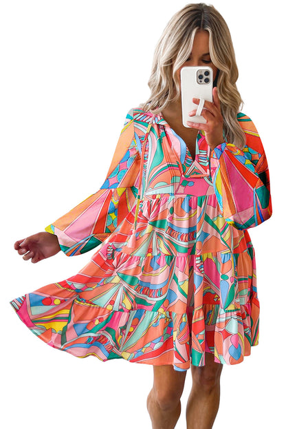 Multicolor Abstract Print Split V Neck Short Sleeve Tiered Dress