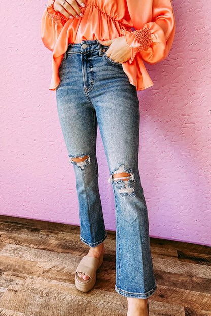 Sky Blue Casual Distressed Ripped Flare Jeans