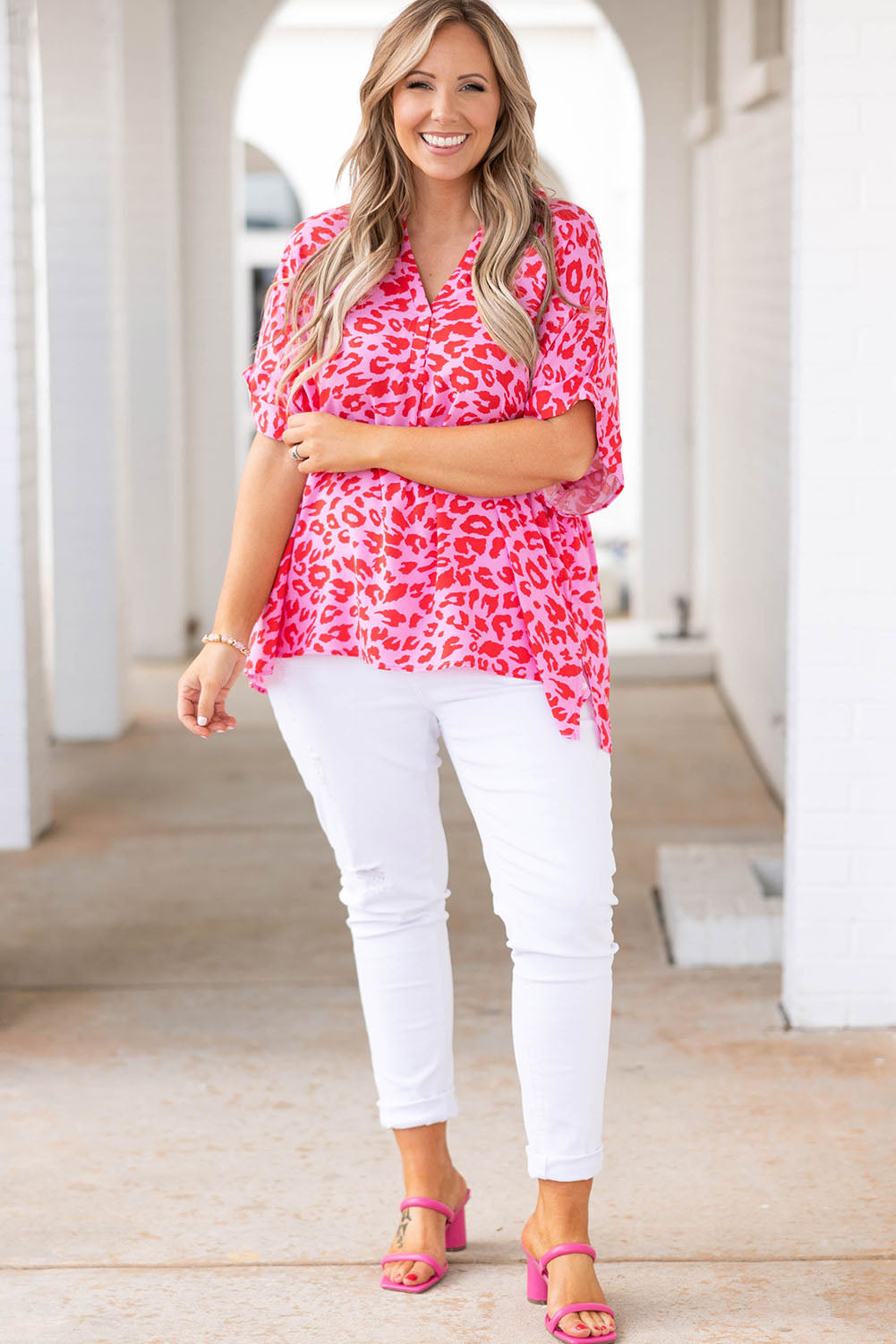 Multicolor Floral Print V Neck Half Sleeve Plus Size Blouse