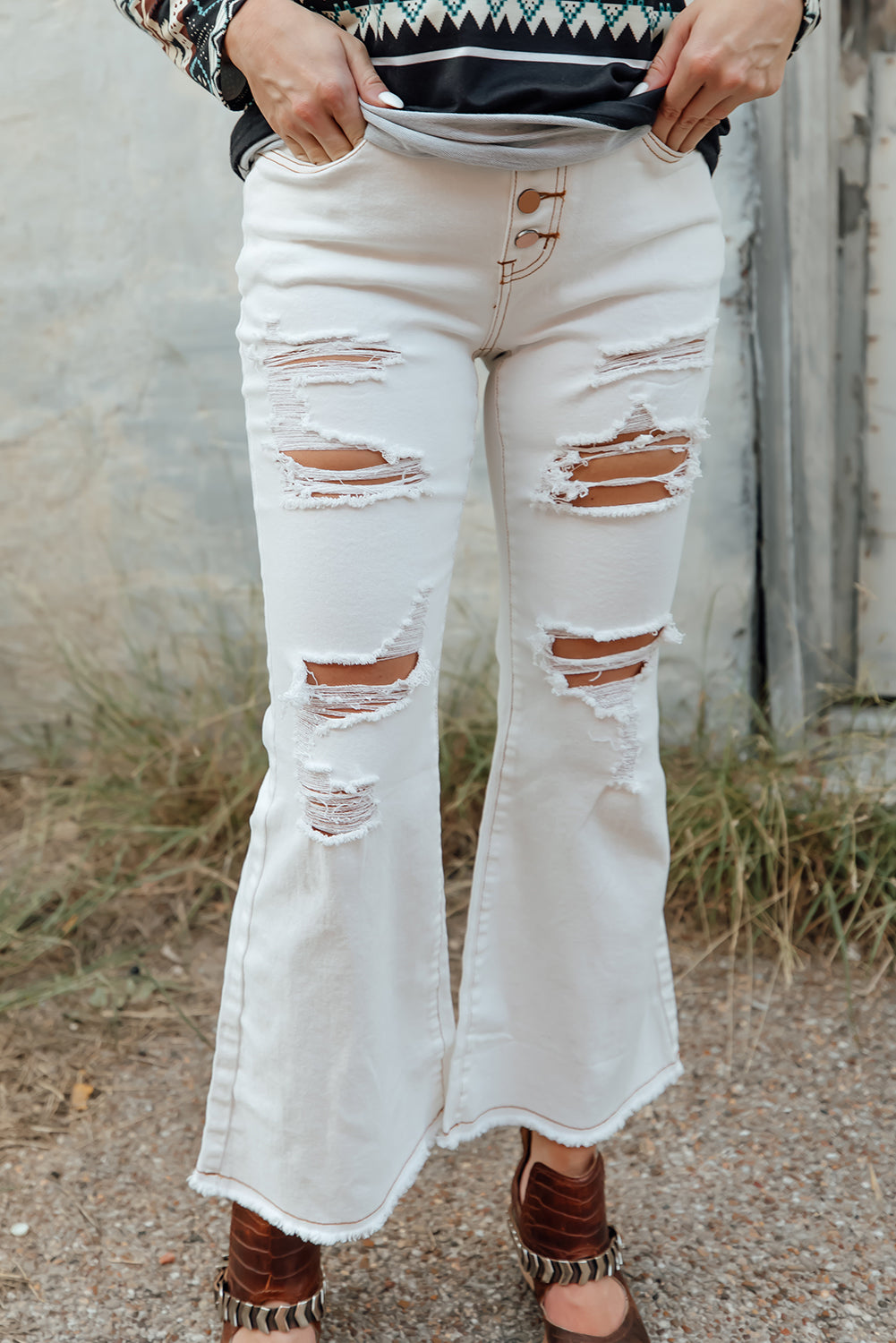 White Distressed Buttons High Waisted Flare Jeans