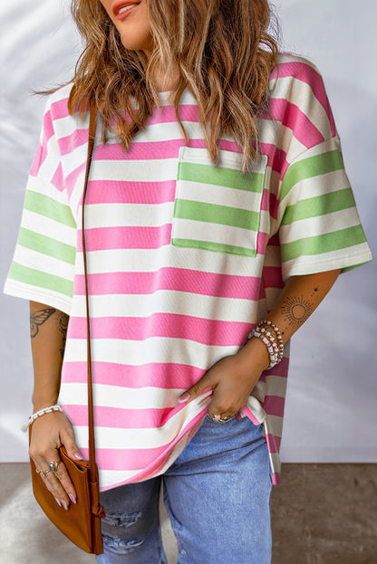 Pink Stripe Patch Pocket Drop Sleeve Slits T Shirt