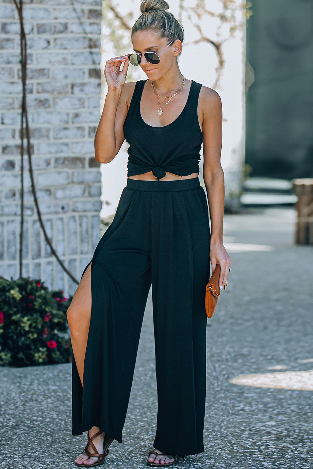 Black Casual Side Slit Mid Waist Wide Leg Pants