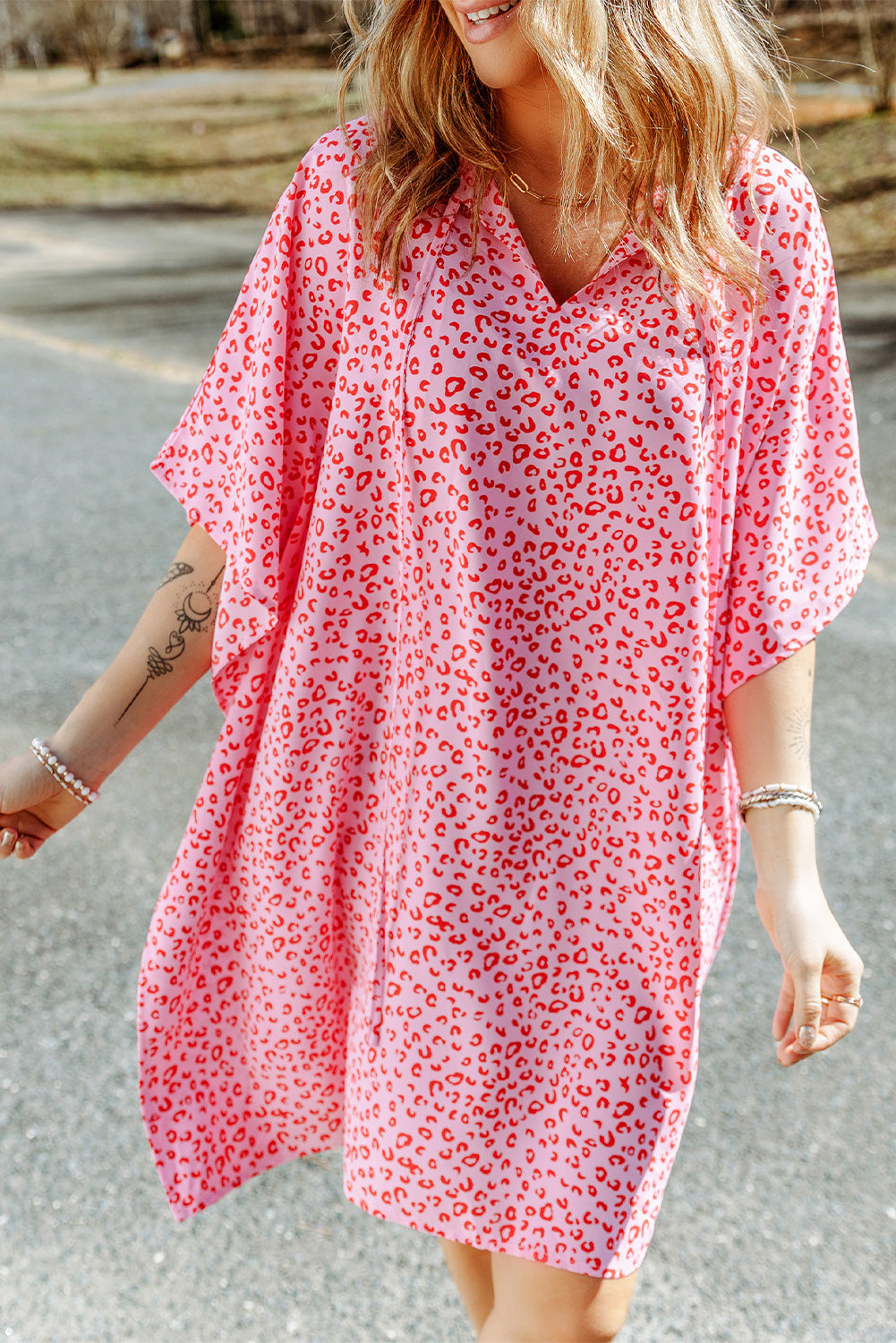 Rosy Leopard Print Oversized Casual Half Sleeve V Neck Top