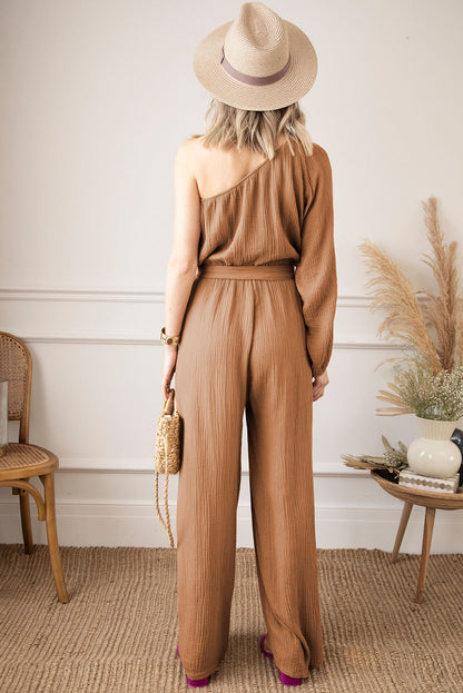 Khaki Crinkled Texture One Shoulder Loose Jumpsuit