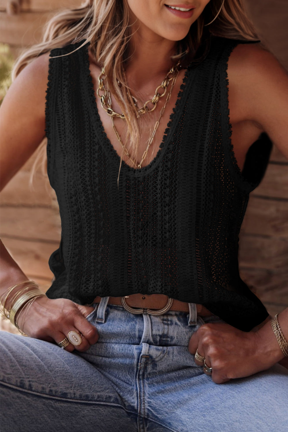 Lace Crochet Open Back U Neck Tank Top