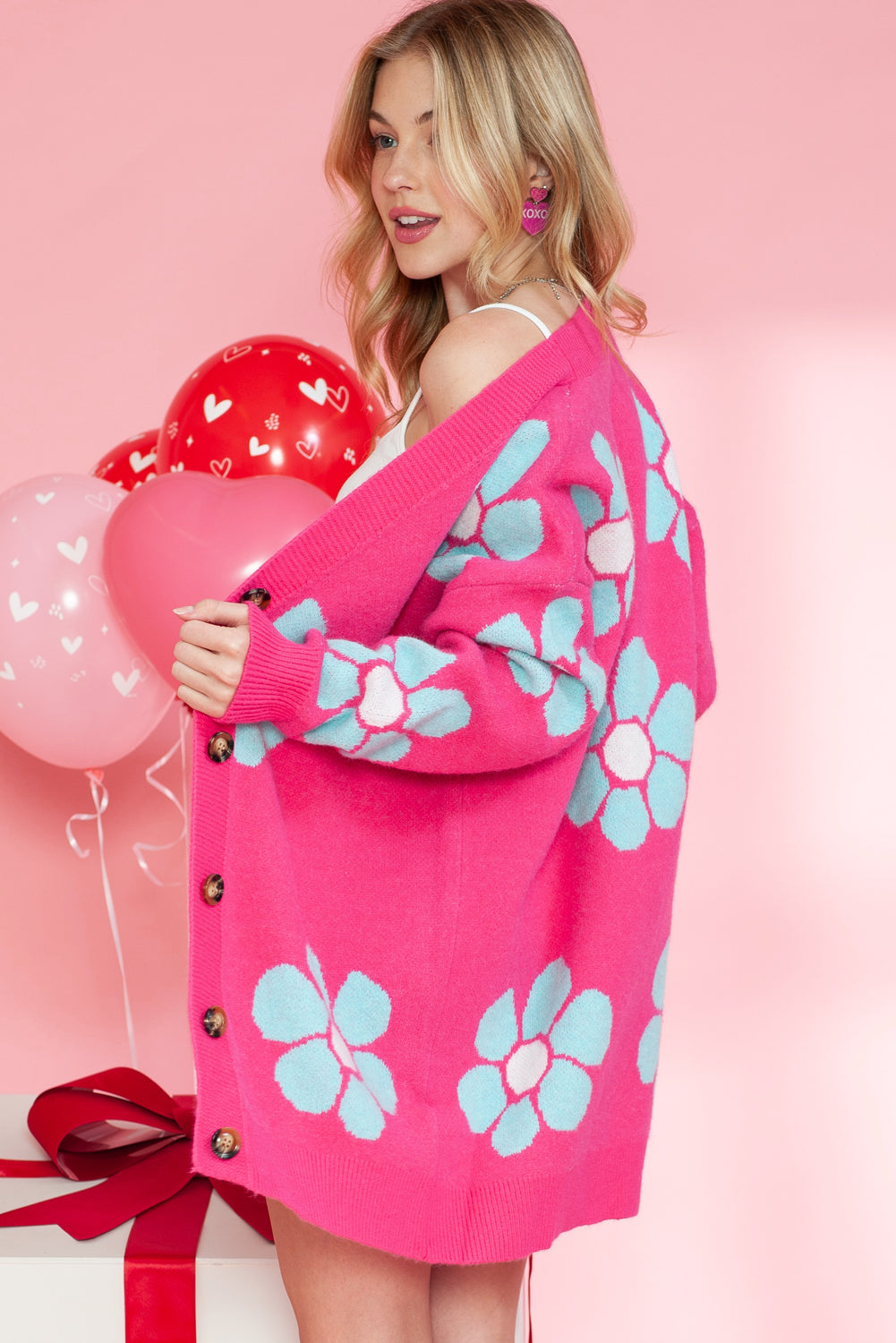 Pink Floral Pattern Drop Shoulder Button Up Cardigan