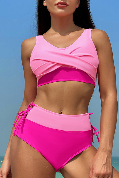 Bikini Rose Red Colorblock Crossed Lace Up High Waist