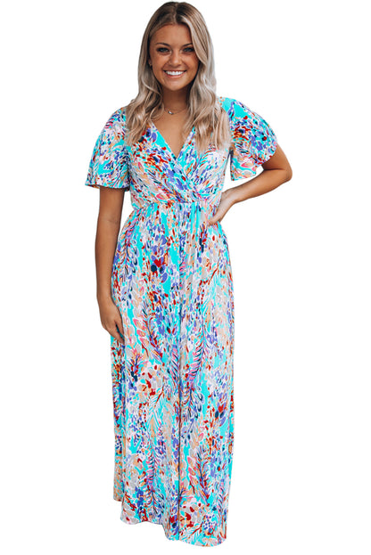 Abstract Botanic Print Wrap V Neck Short Sleeve Maxi Dress