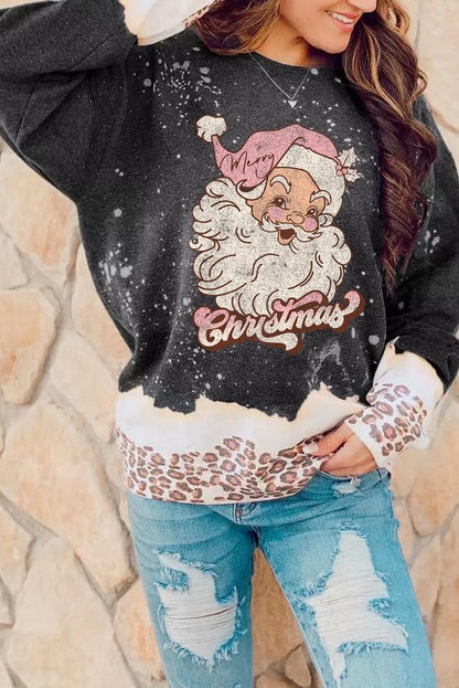 Black Christmas Santa Claus Leopard Tie Dye Graphic Sweatshirt