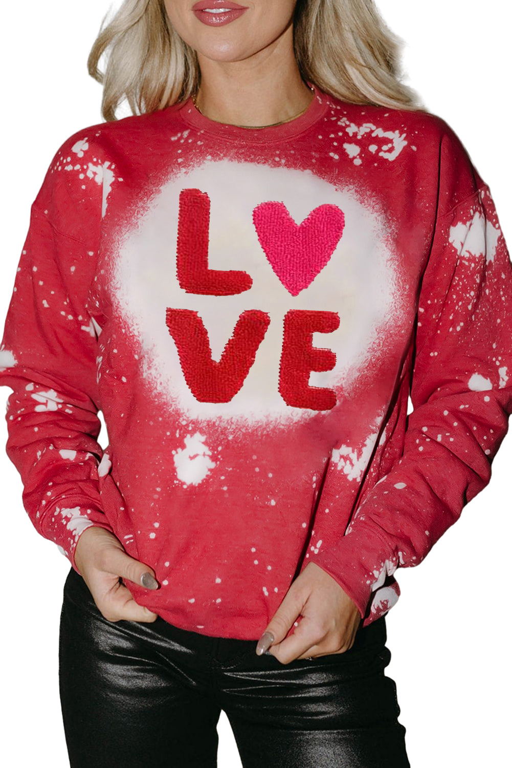 Fiery Red Tie Dye LOVE Chenille Embroidered Graphic Sweatshirt