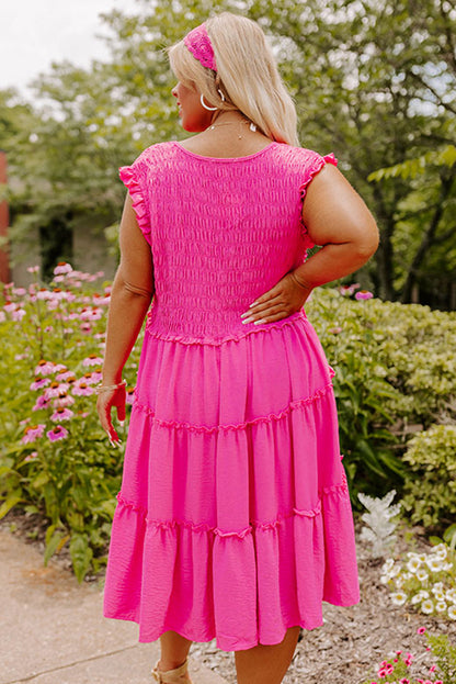 Plus Size Solid Frill Tiered V Neck Smocked Dress