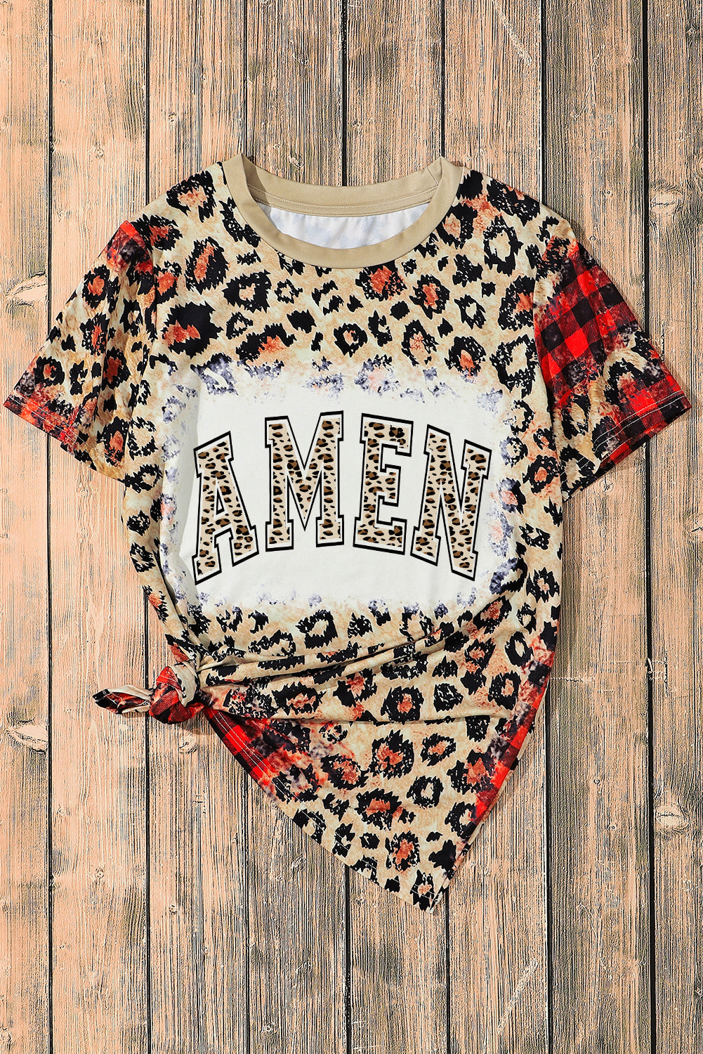 Leopard Plaid Blended AMEN Letter Graphic T Shirt