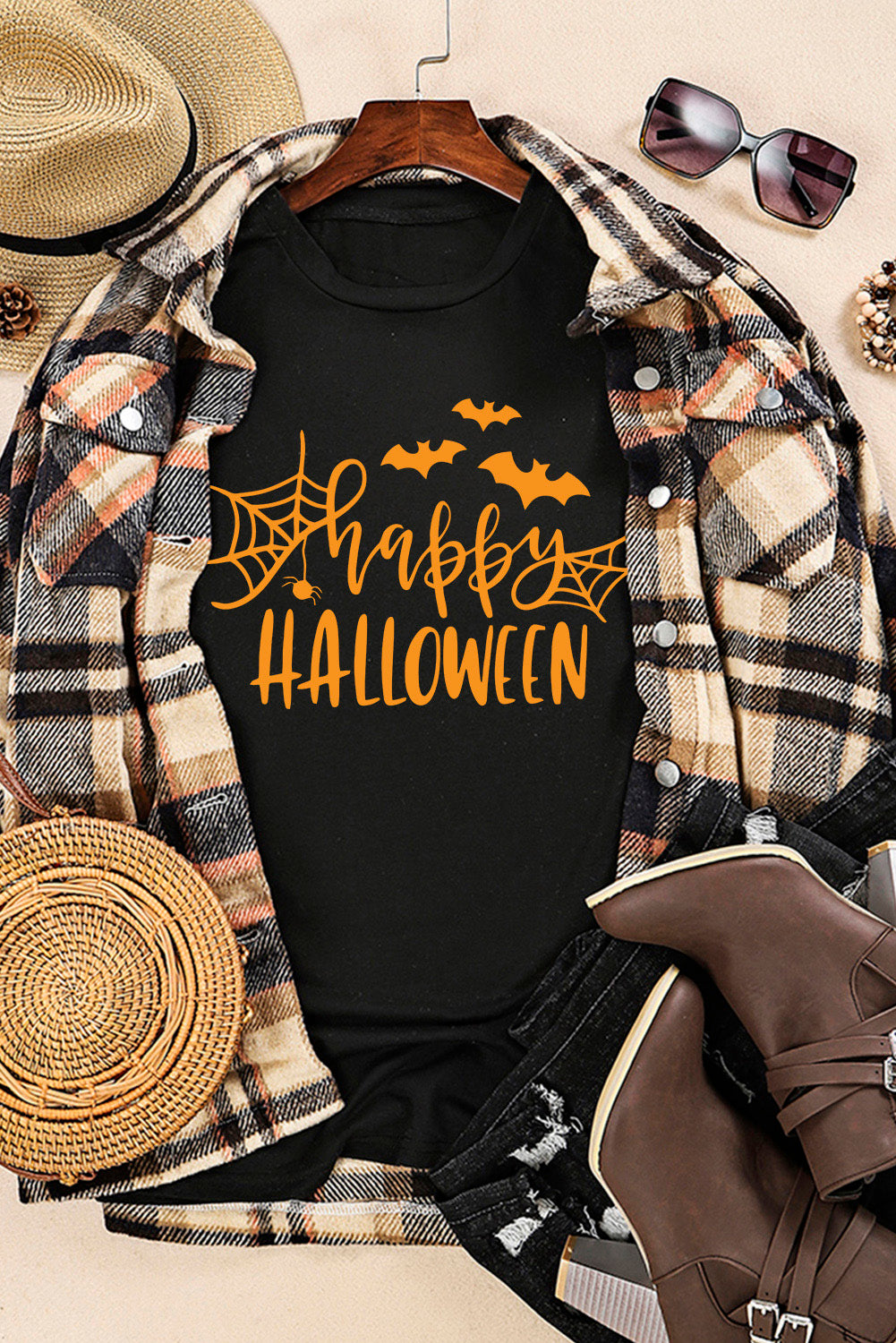 Black Happy Halloween Letter Print Graphic T-shirt