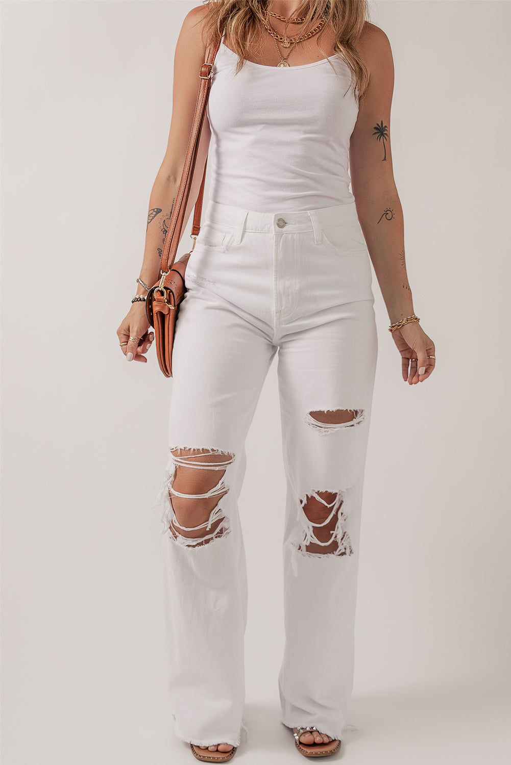 White Heavy Distressed Straight Leg Jeans