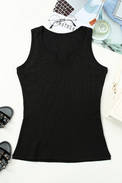 Basic Split Neck Ribbed Knit Tank Top