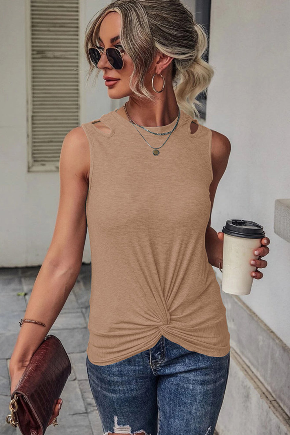 Blue Ribbed Knit Cut Out Twist Front Crew Neck Tank Top