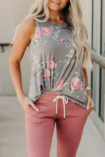 Floral Print Round Neck Casual Grey Tank Top