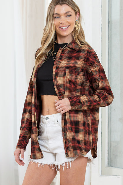 Fiery Red Plaid Print Chest Pocket Zip Up Shirt