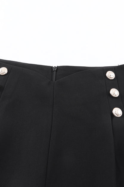 Black Double Breasted Pleated Casual Cropped Pants