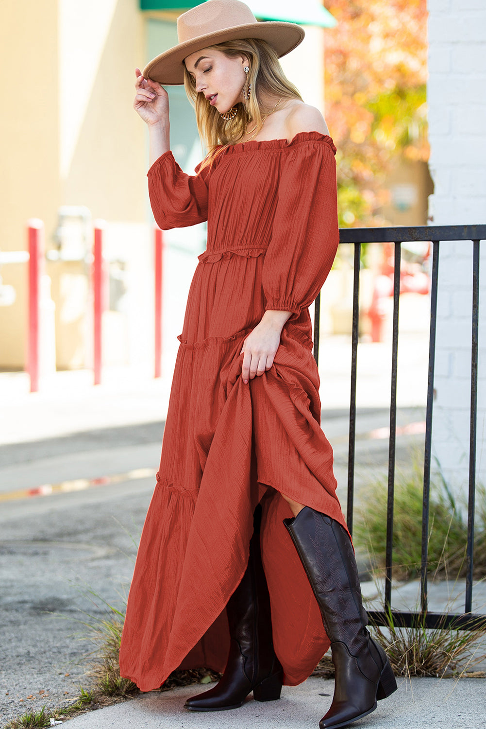 Orange Off Shoulder Balloon Sleeve Cutout Ruffled Maxi Dress