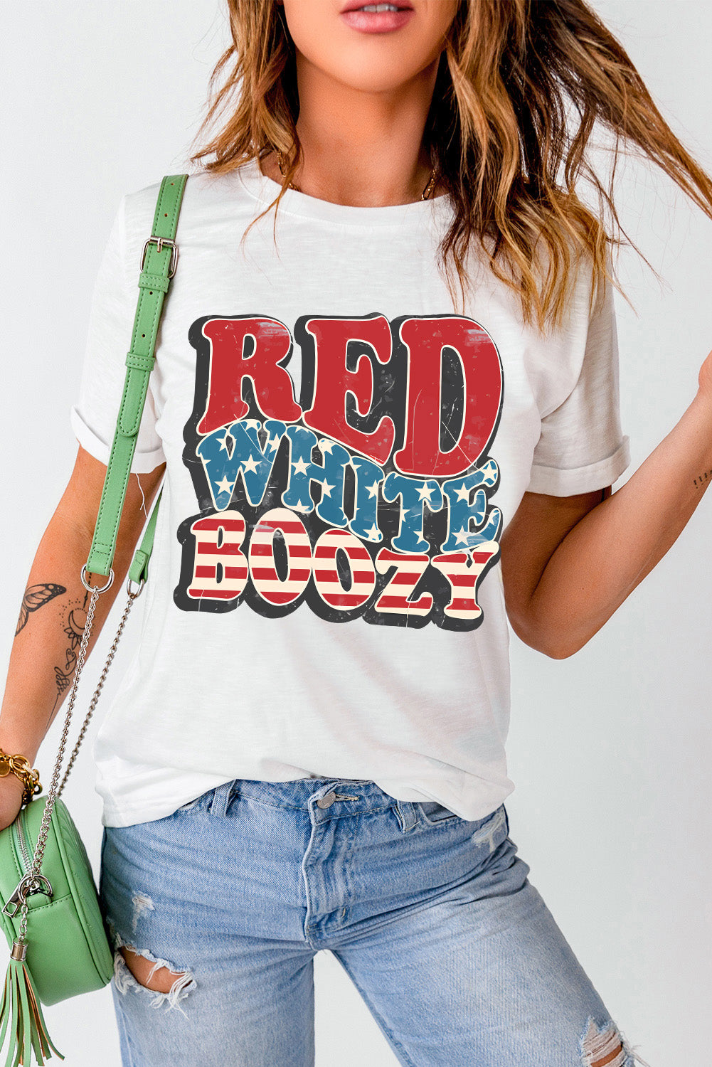 White RED WHITE BOOZY Stars and Stripes Graphic T Shirt