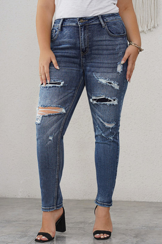 Casual Distressed High Waist Plus Size Jeans