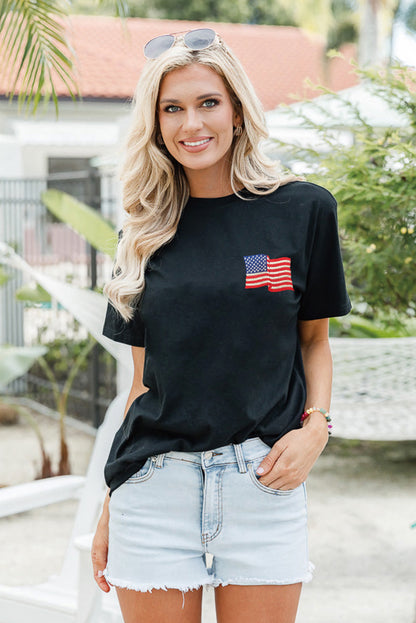 Black American Flag Embroidered Graphic Crew Neck T Shirt