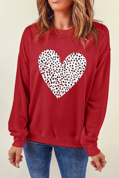 Red Valentine Leopard Heart Graphic Drop Shoulder Sweatshirt