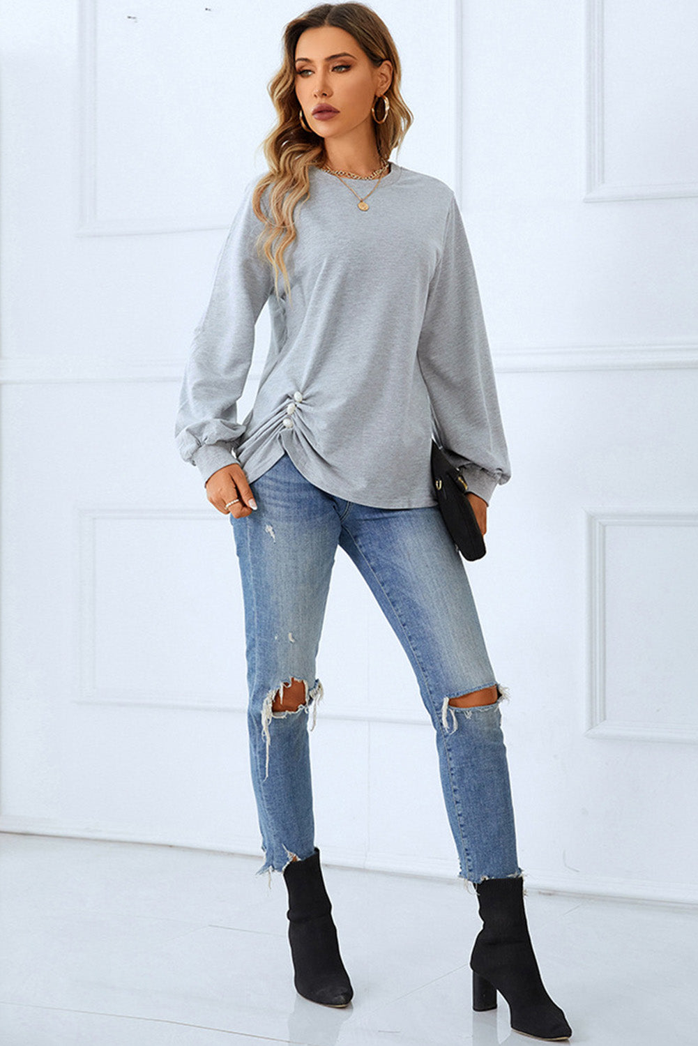 Light Grey Solid Color Ruched Decor Long Sleeve Top