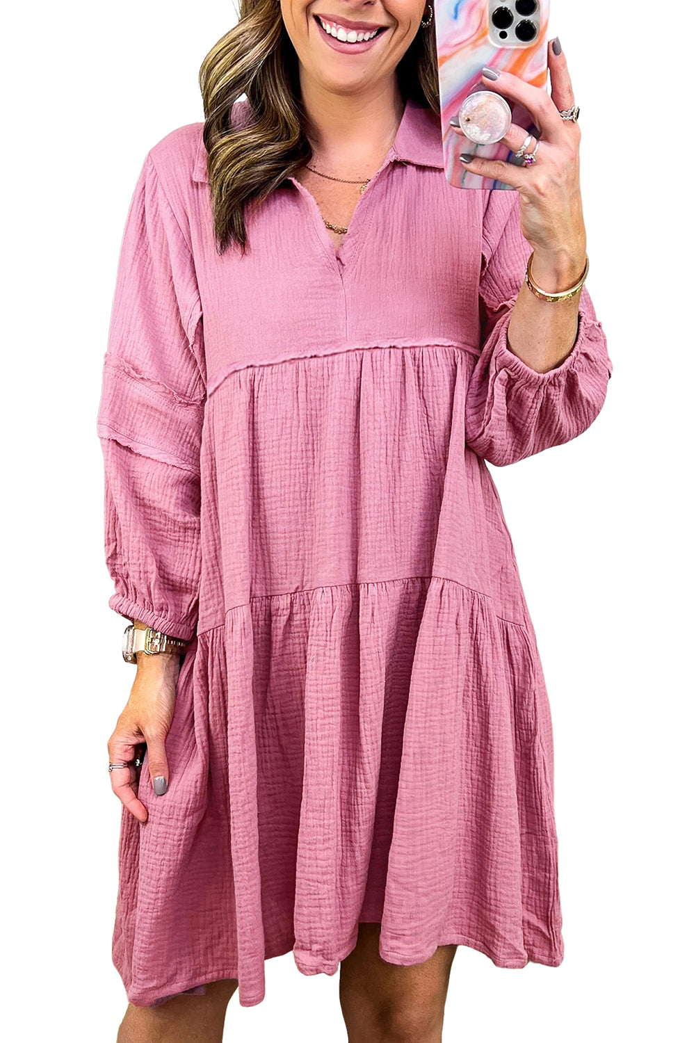 Purple Solid Color Gauze Collared Casual Dress