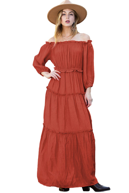 Orange Off Shoulder Balloon Sleeve Cutout Ruffled Maxi Dress