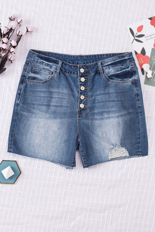 Dark Blue Buttons Ripped High Rise Plus Size Denim Shorts