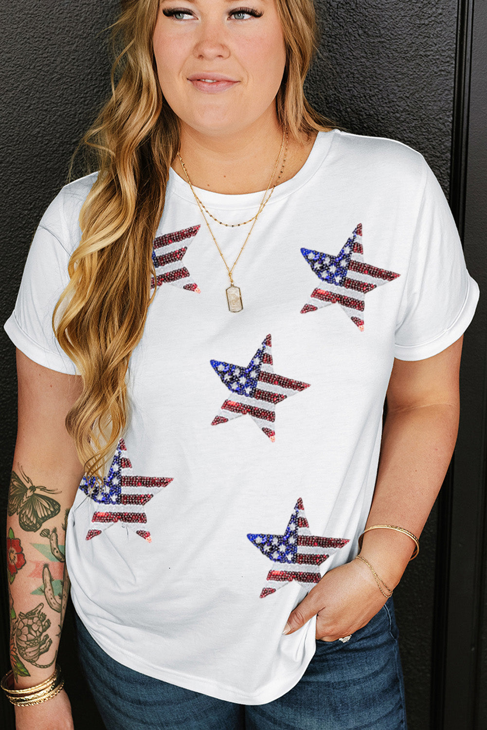 White Sequin American Flag Star Graphic Plus Size Tee