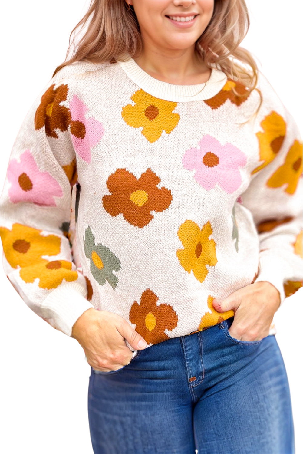 Plus Size Flower Pattern Ribbed Trim Casual Sweater