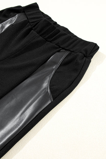 Black Leather Panel Splicing High Waist Leggings