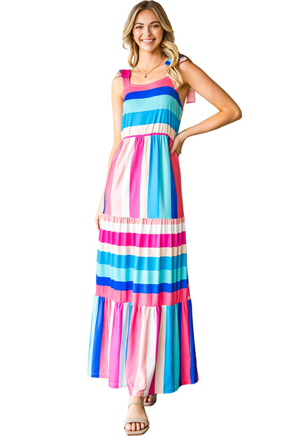 Multicolor Striped Print Bow Knot Straps Sleeveless Maxi Dress