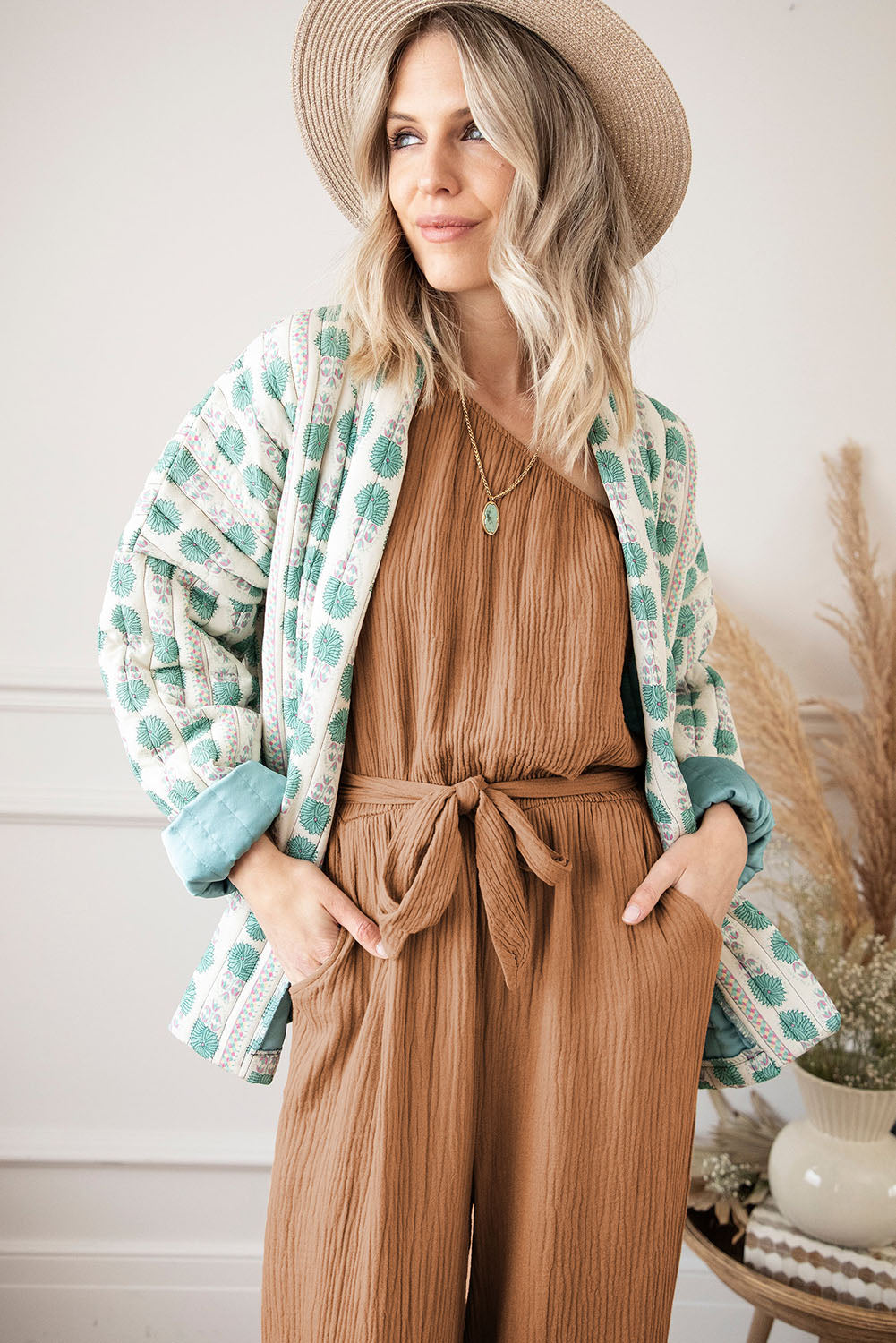 Khaki Crinkled Texture One Shoulder Loose Jumpsuit