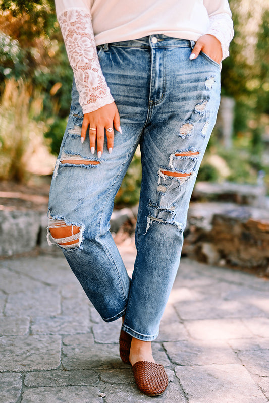 Light Blue Casual Ripped Raw Hem Plus Size Jeans