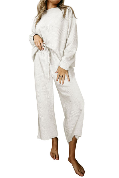 White Textured Loose Slouchy Long Sleeve Top and Pants Set