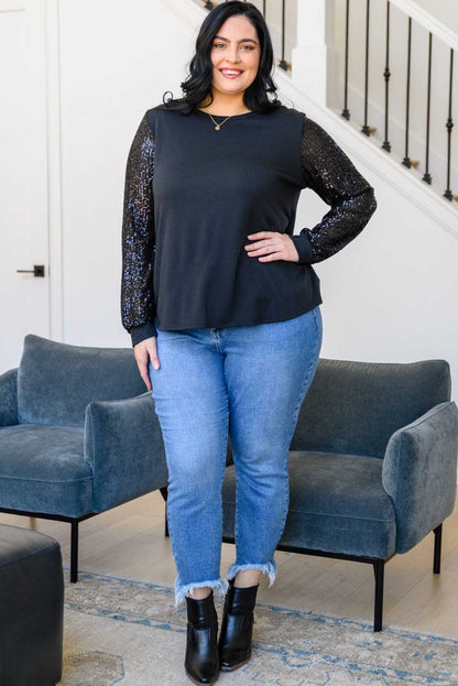 Sequin Contrast Long Sleeve Plus Size Top