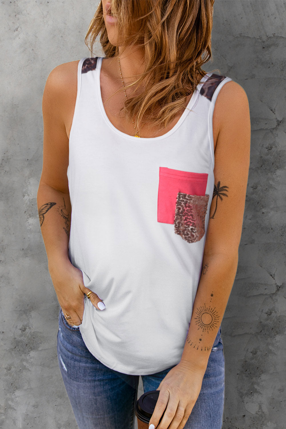 Casual Sequin Pocket Patchwork Leopard Tank Top